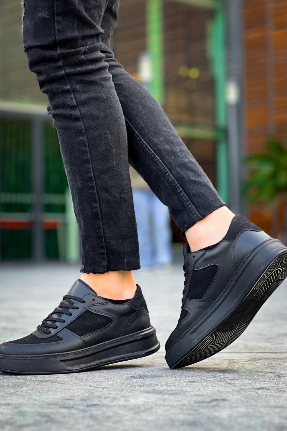KB-X8 Kuback Siyah Cilt Siyah Süet  Detaylı Siyah Yüksek Taban Günlük Spor Ayakkabı