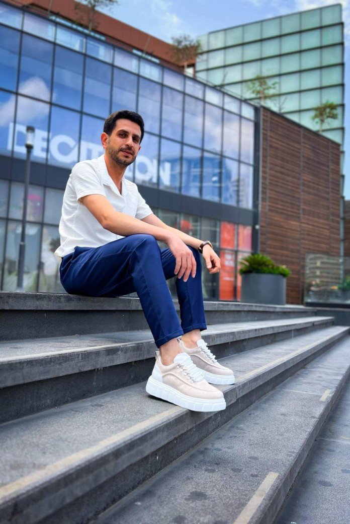 KB-X10 Kuback Bej Süet Beyaz Yüksek Taban Günlük Spor Ayakkabı