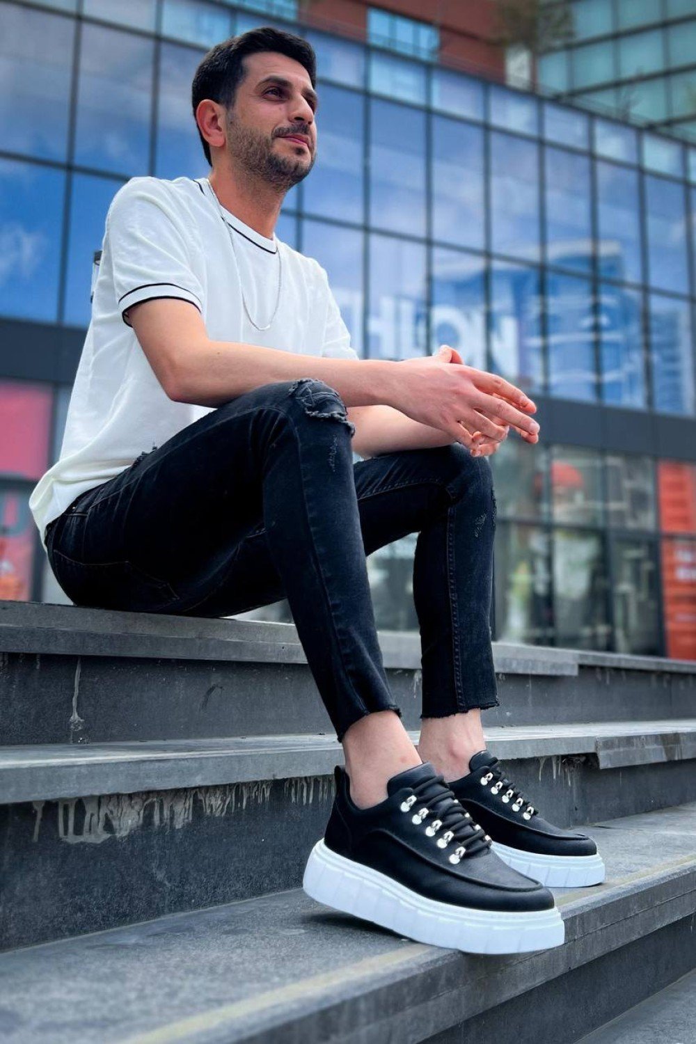 KB-X10 Kuback Siyah Cilt  Beyaz Yüksek Taban Günlük Spor Ayakkabı