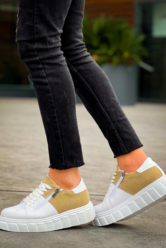 KB-X155 Kuback Beyaz Cilt Bej Süet Detaylı Beyaz Yüksek Taban Günlük Spor Ayakkabı