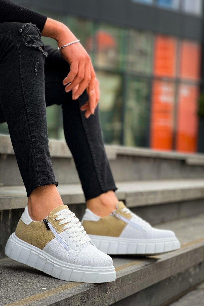 KB-X155 Kuback Beyaz Cilt Bej Süet Detaylı Beyaz Yüksek Taban Günlük Spor Ayakkabı