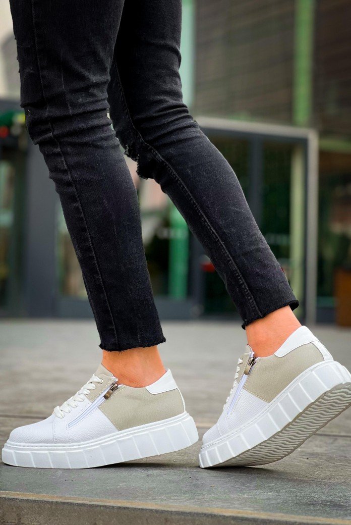 KB-X155 Kuback Beyaz Cilt Gri Süet Detaylı Beyaz Yüksek Taban Günlük Spor Ayakkabı