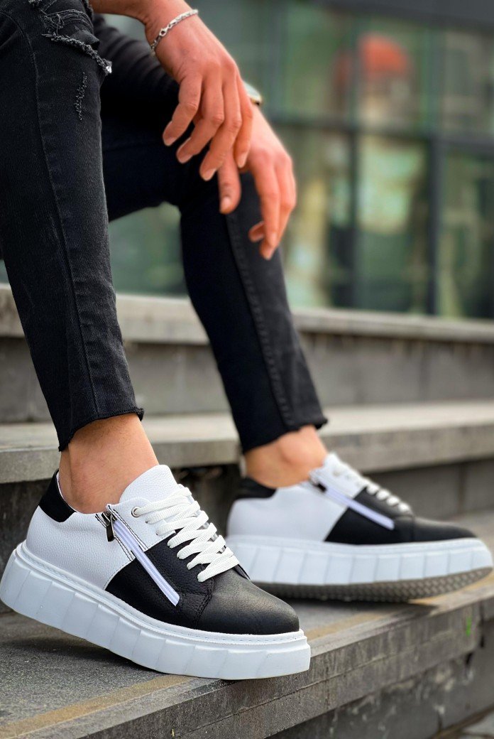 KB-X155 Kuback Siyah Cilt Beyaz Cilt Detaylı Beyaz Yüksek Taban Günlük Spor Ayakkabı