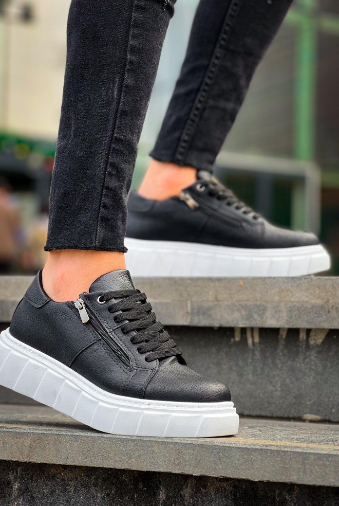 KB-X155 Kuback Siyah Cilt Detaylı Beyaz Yüksek Taban Günlük Spor Ayakkabı