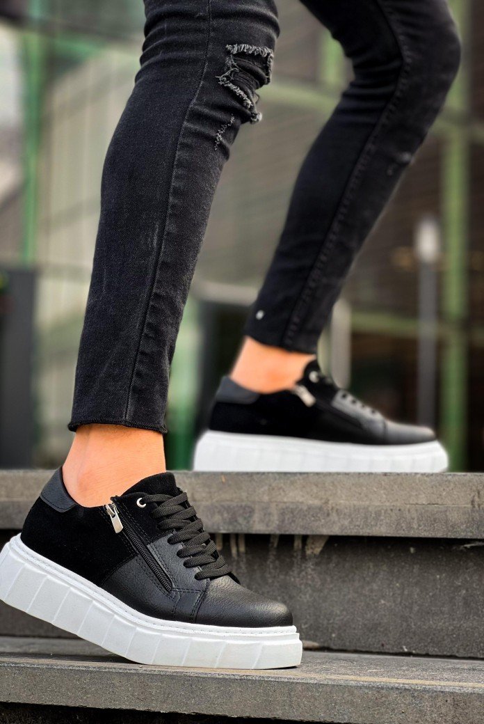 KB-X155 Kuback Siyah Cilt Siyah Süet Detaylı Beyaz Yüksek Taban Günlük Spor Ayakkabı