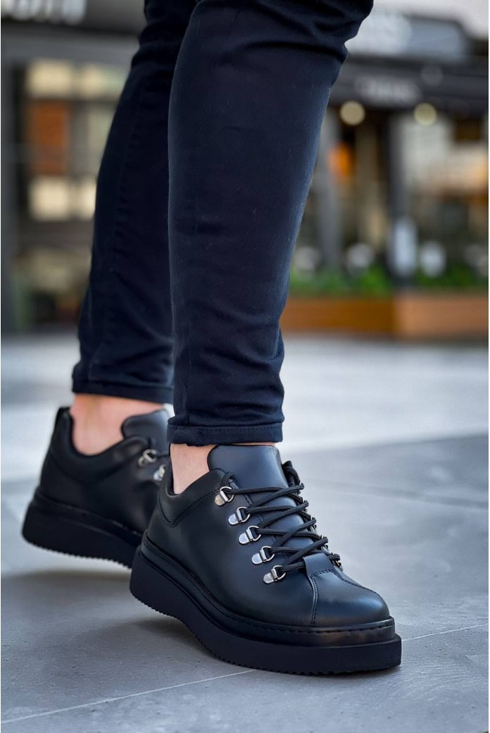 KB-X4  Kuback Siyah Cilt Siyah Yüksek Taban Bağcıklı Günlük Erkek Ayakkabı