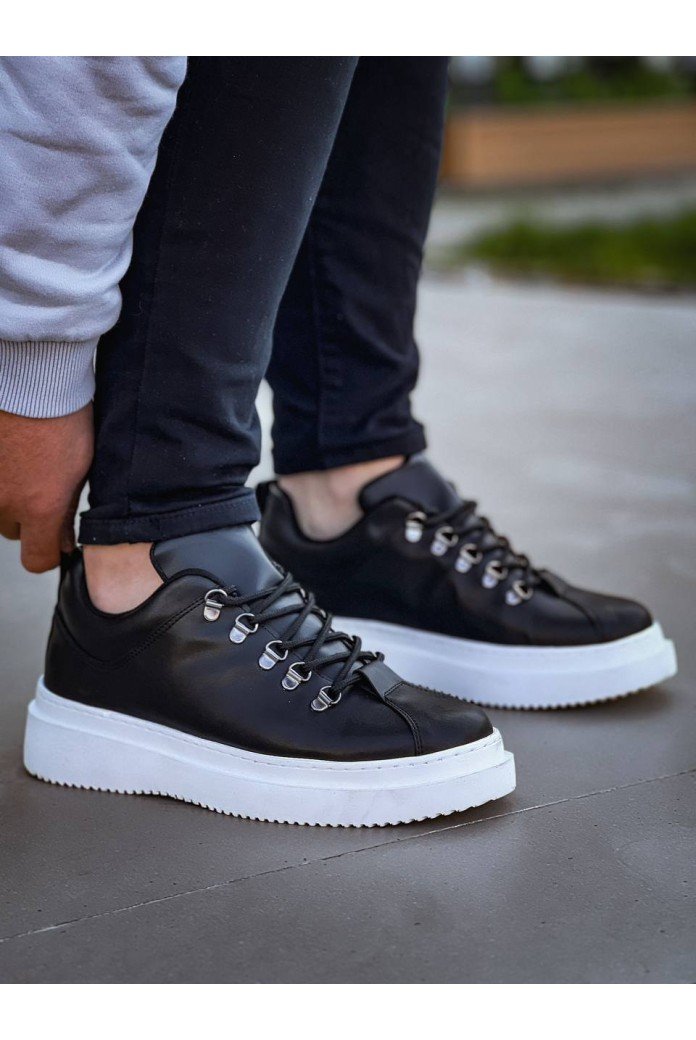 KB-X4  Kuback Siyah Cilt Yüksek Taban Bağcıklı Günlük Erkek Ayakkabı