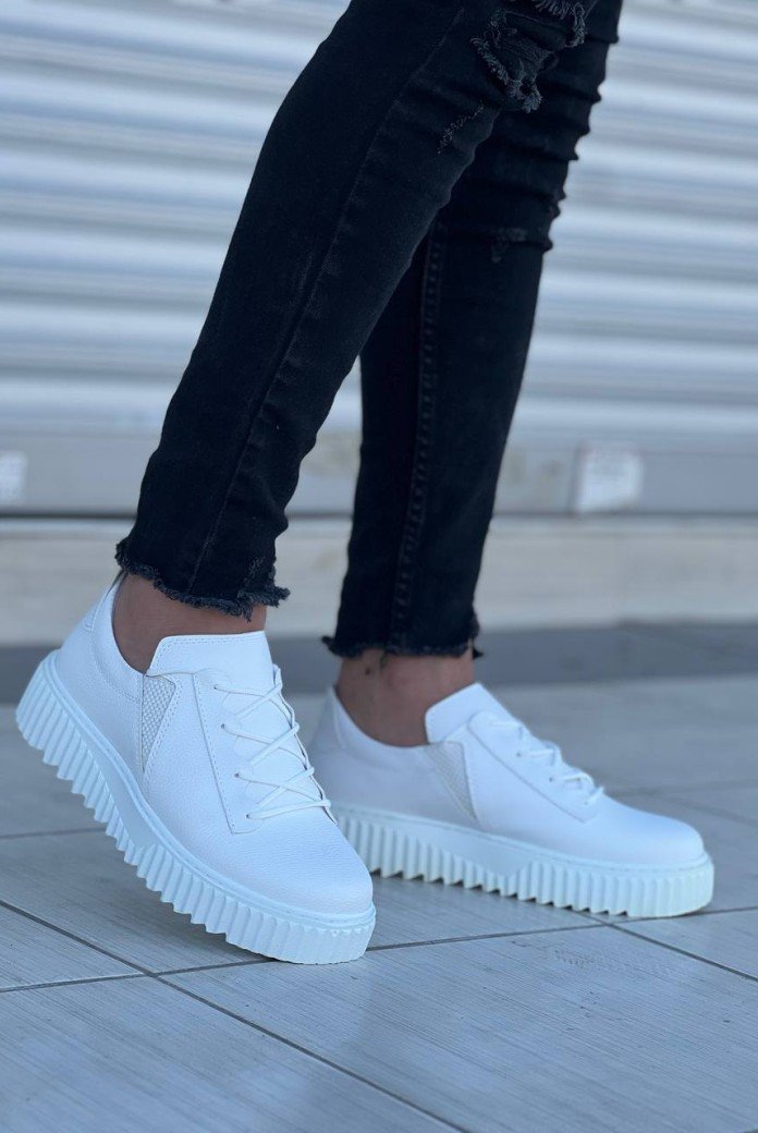 KB-X502  Kuback Beyaz Cilt Yüksek Beyaz Taban Bağcık Detaylı Lastikli Günlük Erkek Ayakkabı