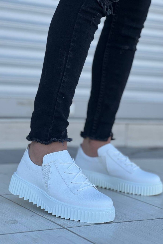 KB-X502  Kuback Beyaz Cilt Yüksek Beyaz Taban Bağcık Detaylı Lastikli Günlük Erkek Ayakkabı