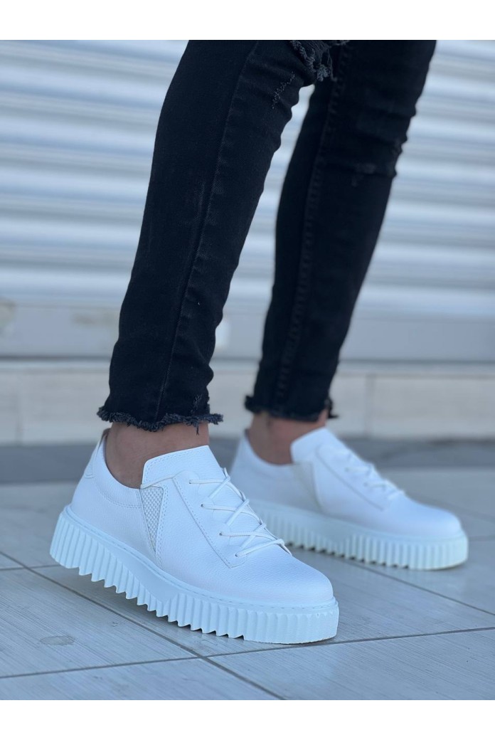 KB-X502  Kuback Beyaz Cilt Yüksek Beyaz Taban Bağcık Detaylı Lastikli Günlük Erkek Ayakkabı