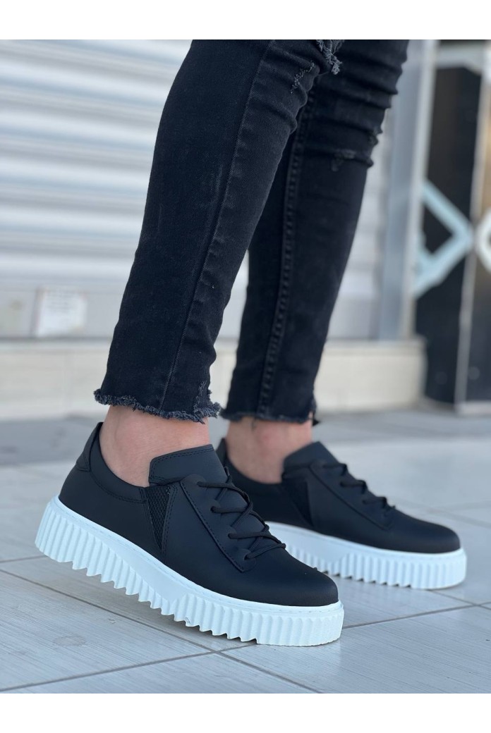 KB-X502  Kuback Siyah Cilt Yüksek Beyaz Taban Bağcık Detaylı Lastikli Günlük Erkek Ayakkabı