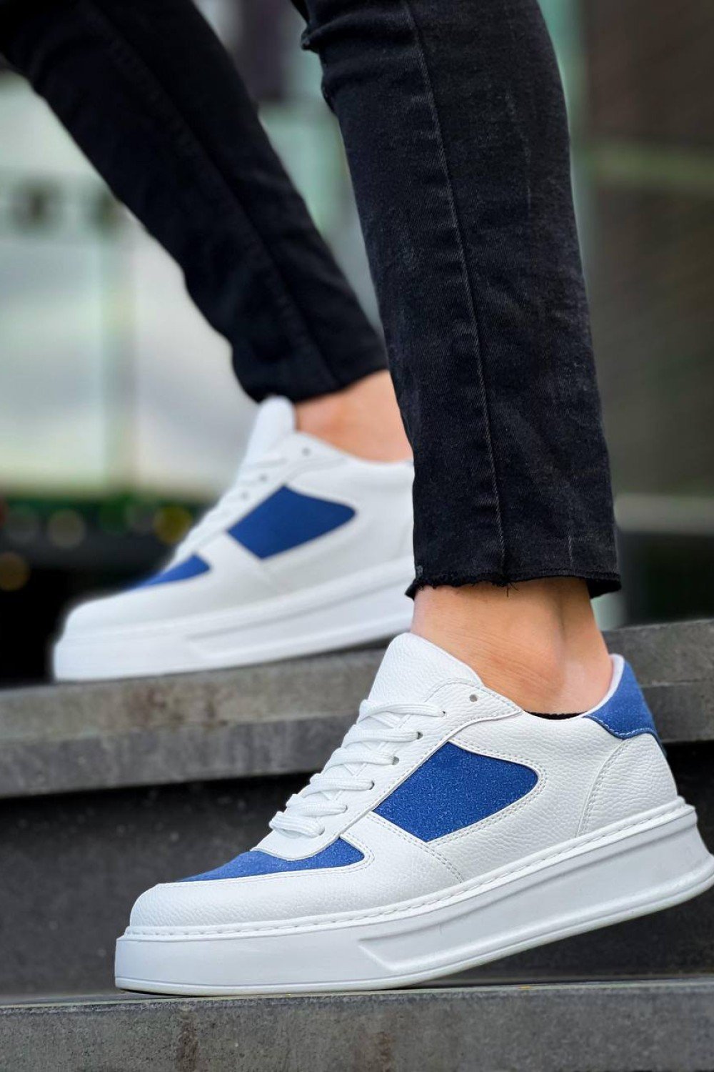 KB-X8 Kuback Beyaz Cilt Mavi Süet Detaylı Beyaz Yüksek Taban Günlük Spor Ayakkabı