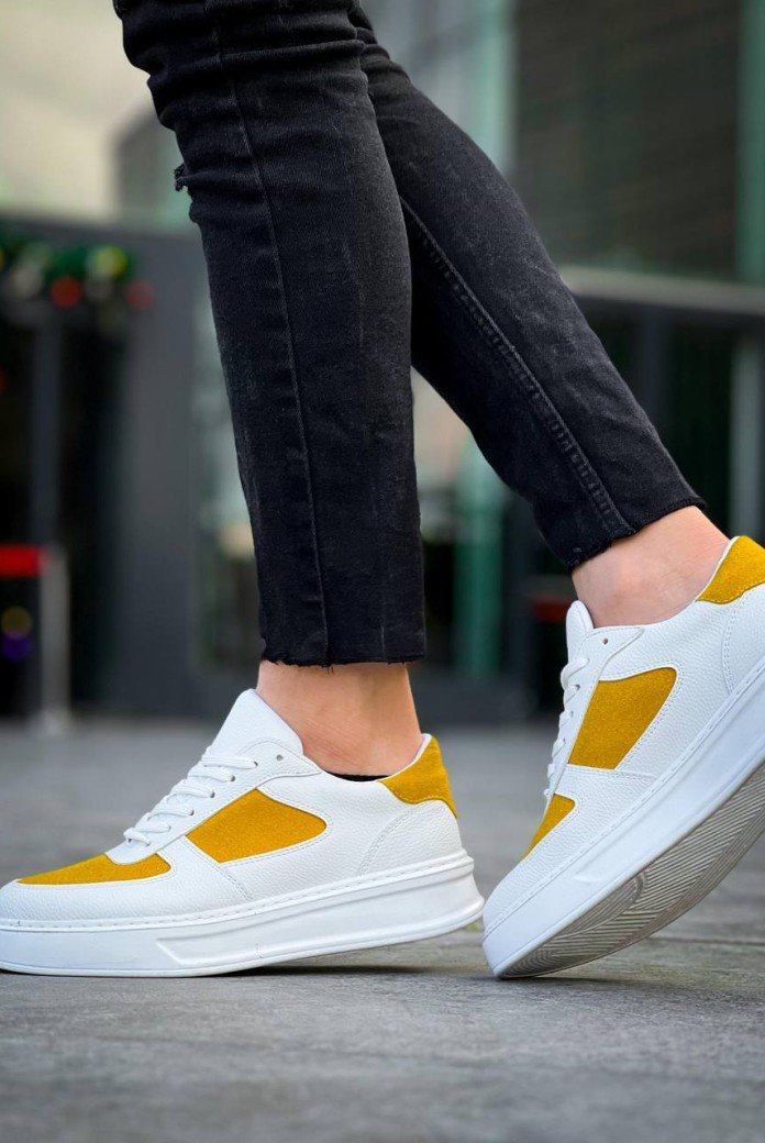 KB-X8 Kuback Beyaz Cilt Sarı Süet Detaylı Beyaz Yüksek Taban Günlük Spor Ayakkabı