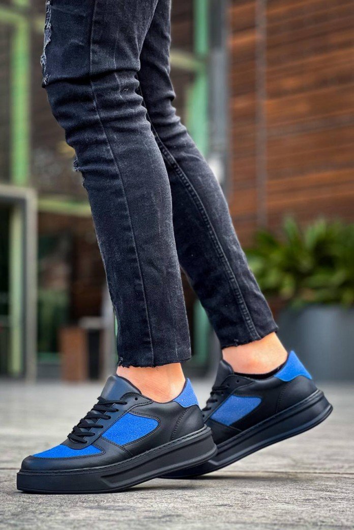 KB-X8 Kuback Siyah Cilt Mavi Süet Detaylı Siyah Yüksek Taban Günlük Spor Ayakkabı