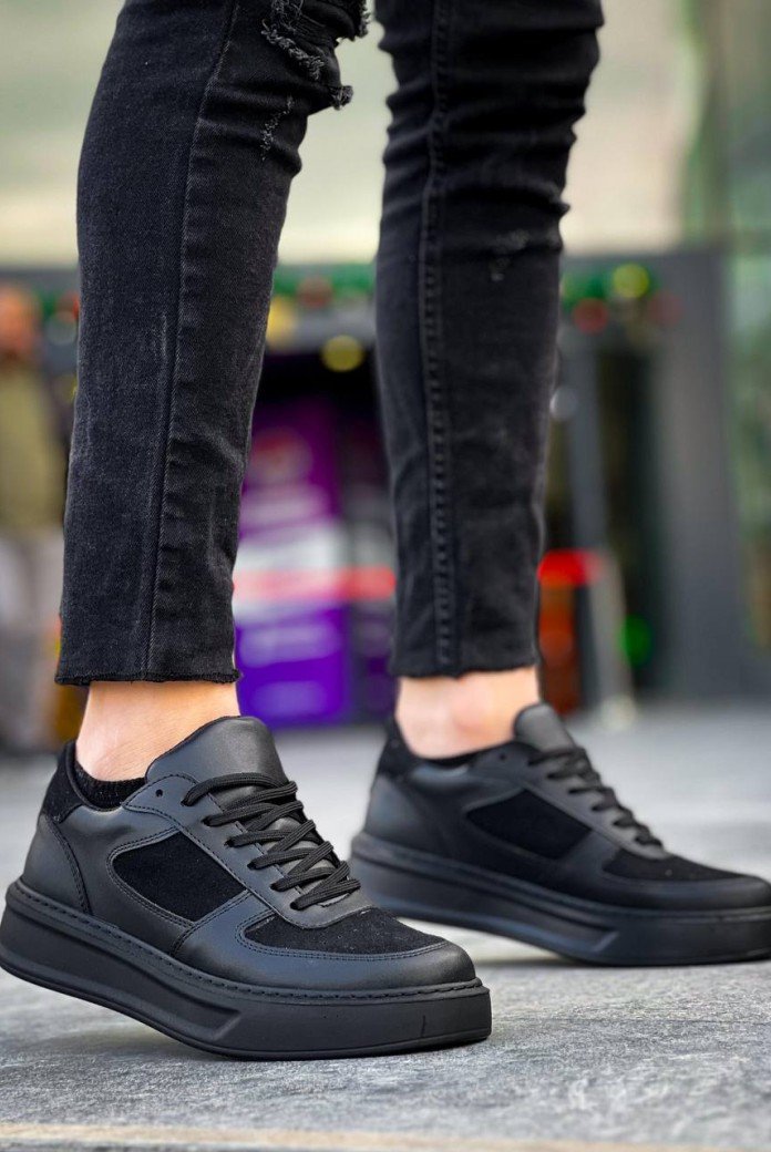 KB-X8 Kuback Siyah Cilt Siyah Süet  Detaylı Siyah Yüksek Taban Günlük Spor Ayakkabı