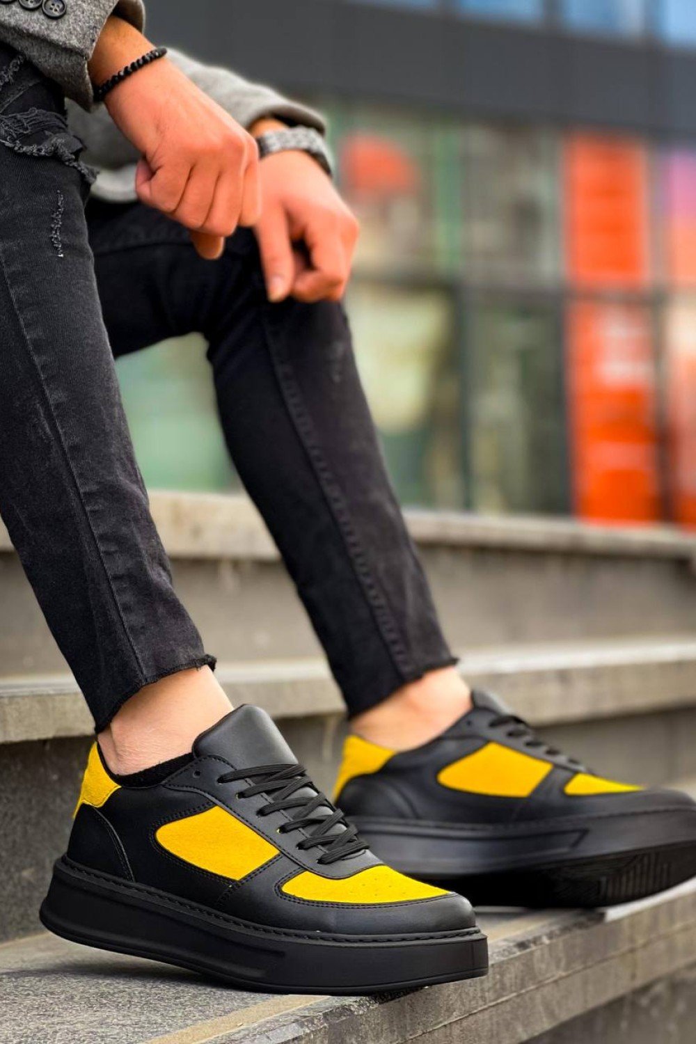 KB-X8 Kuback Siyah Sarı Cilt Yüksek Taban Günlük Spor Ayakkabı