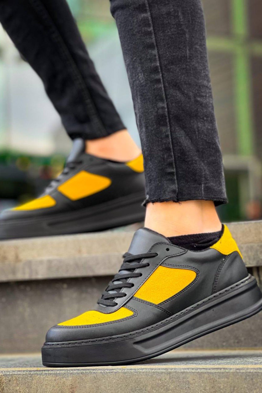 KB-X8 Kuback Siyah Sarı Cilt Yüksek Taban Günlük Spor Ayakkabı