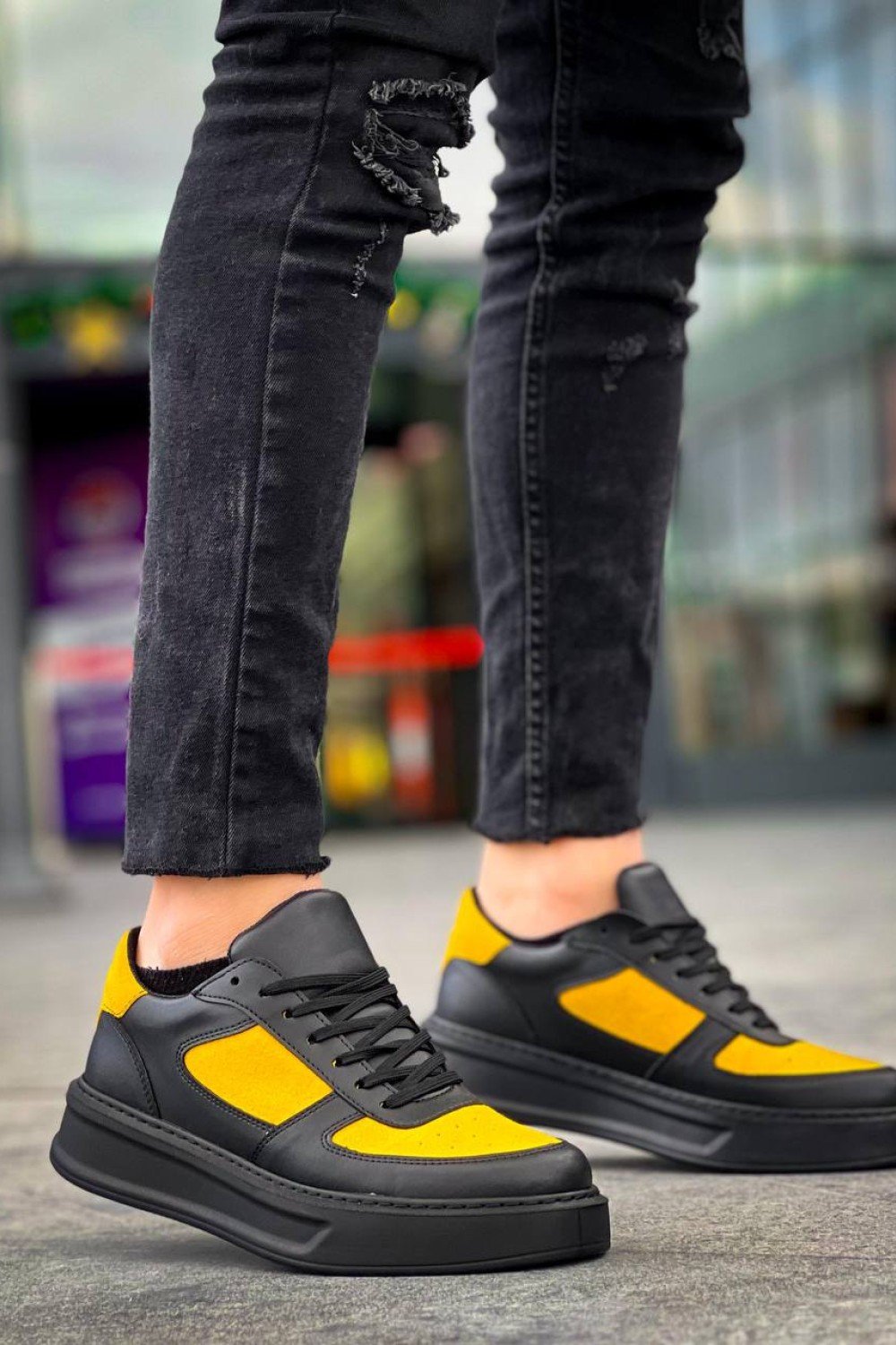 KB-X8 Kuback Siyah Sarı Cilt Yüksek Taban Günlük Spor Ayakkabı