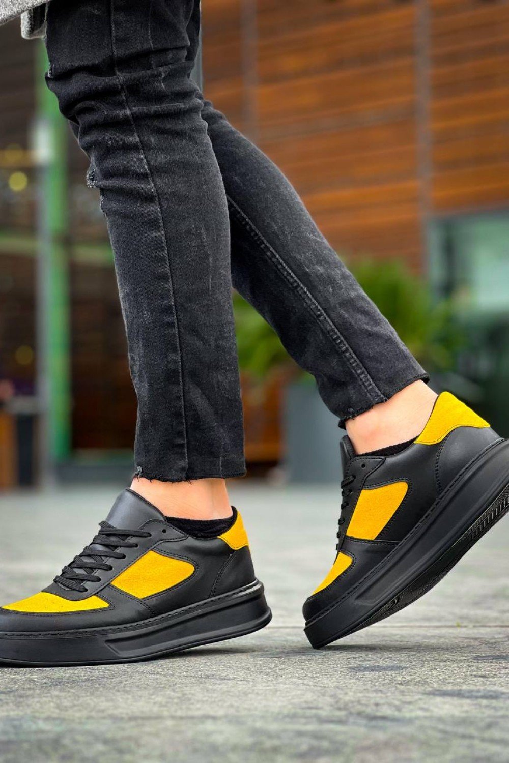 KB-X8 Kuback Siyah Sarı Cilt Yüksek Taban Günlük Spor Ayakkabı