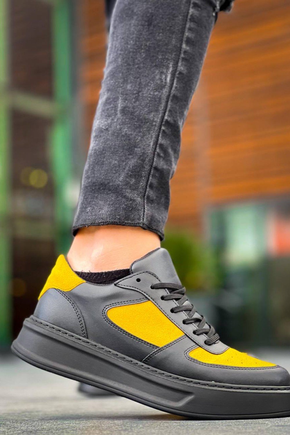 KB-X8 Kuback Siyah Sarı Cilt Yüksek Taban Günlük Spor Ayakkabı