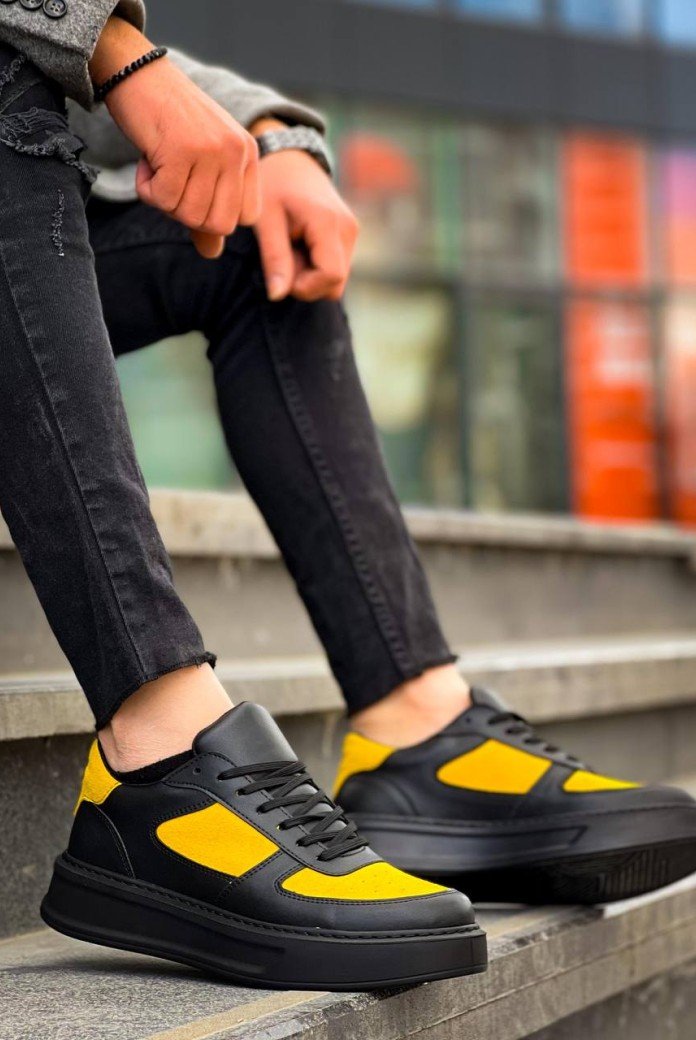 KB-X8 Kuback Siyah Sarı Cilt Yüksek Taban Günlük Spor Ayakkabı