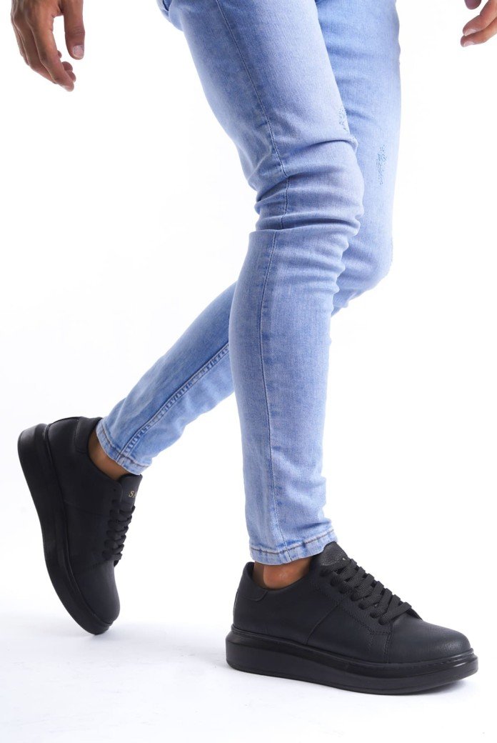 SLW151 Boost Bağcıklı Cilt Erkek Günlük Sneaker Ayakkabı CST - Siyah