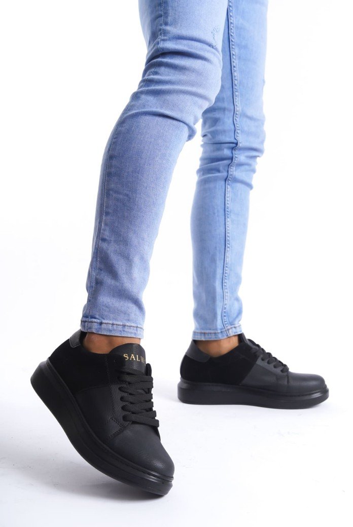 SLW151 Boost Bağcıklı Cilt Süet Erkek Günlük Sneaker Ayakkabı CSST - Siyah