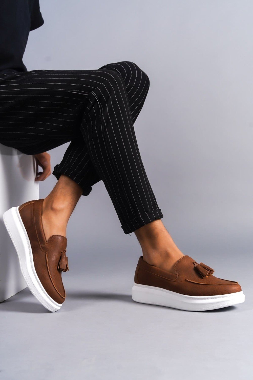 SLW154 Blaze Bağcıksız Püsküllü Cilt Erkek Günlük Spor Klasik Ayakkabı CBT - Taba