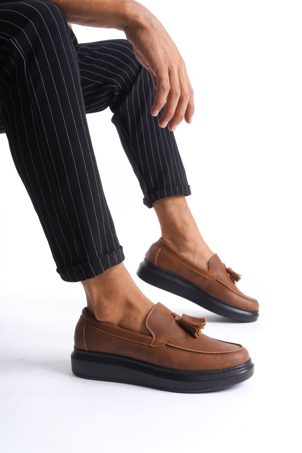 SLW154 Blaze Bağcıksız Püsküllü Cilt Erkek Günlük Spor Klasik Ayakkabı CST - Taba