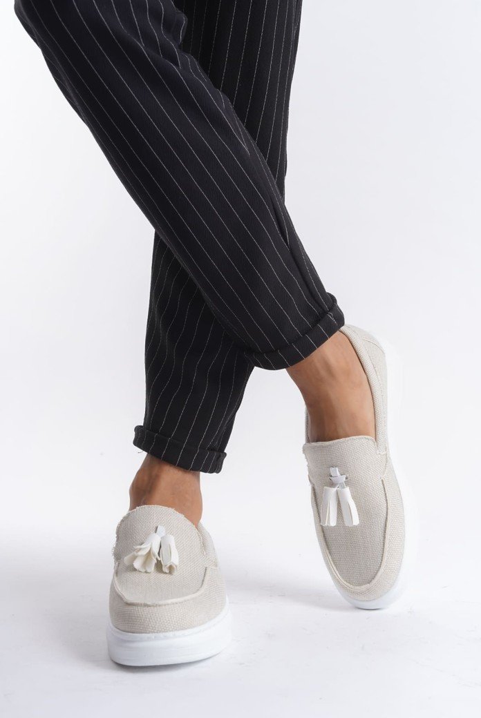 SLW154 Blaze Bağcıksız Püsküllü Keten Erkek Günlük Spor Klasik Ayakkabı KBT - Beyaz