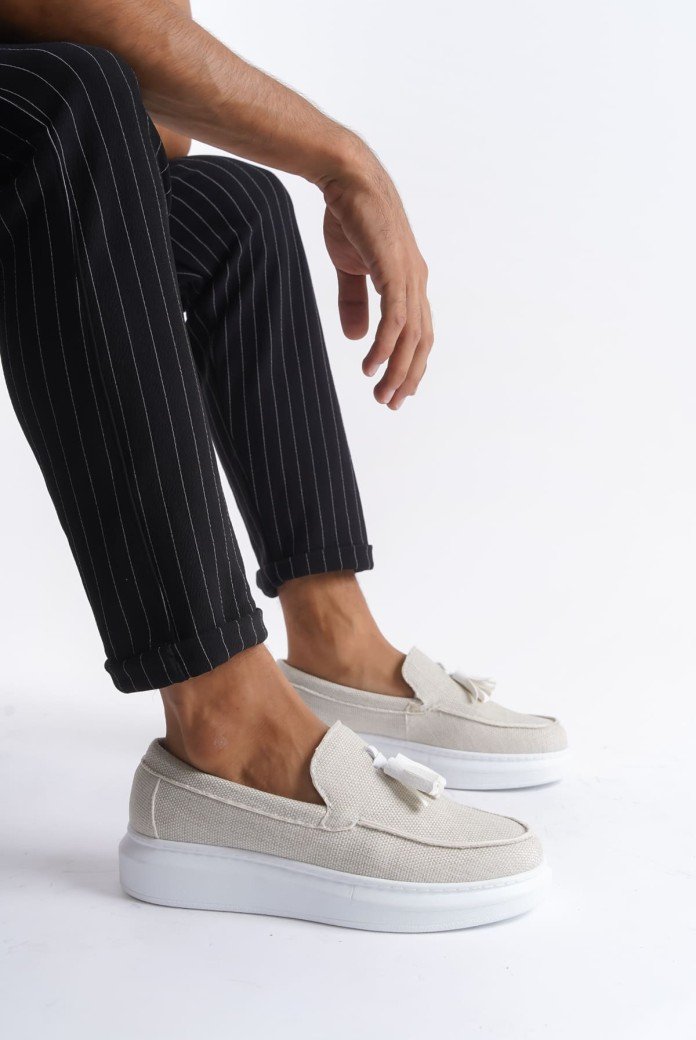 SLW154 Blaze Bağcıksız Püsküllü Keten Erkek Günlük Spor Klasik Ayakkabı KBT - Beyaz