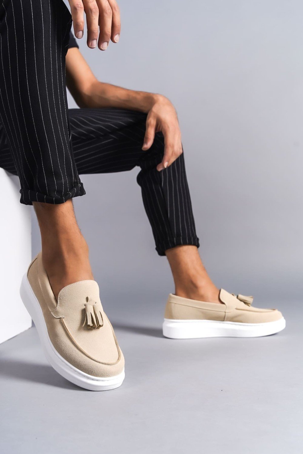 SLW154 Blaze Bağcıksız Püsküllü Süet Erkek Günlük Spor Klasik Ayakkabı SBT - Krem