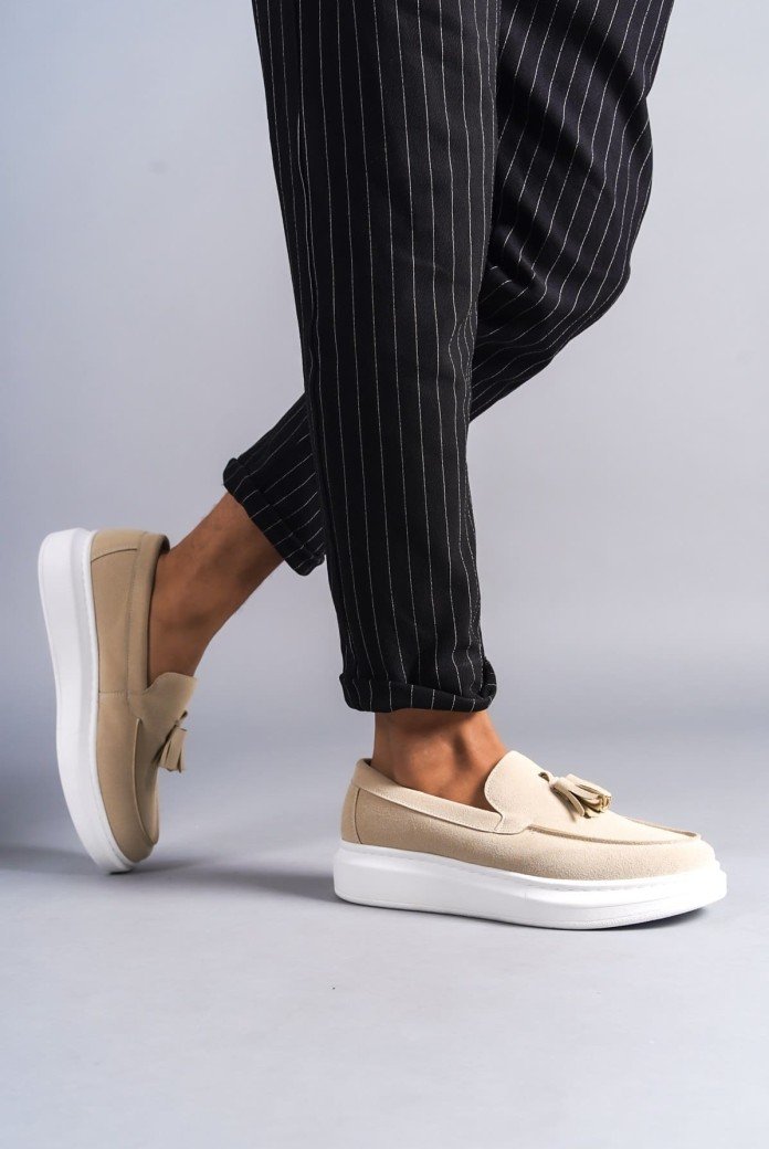 SLW154 Blaze Bağcıksız Püsküllü Süet Erkek Günlük Spor Klasik Ayakkabı SBT - Krem