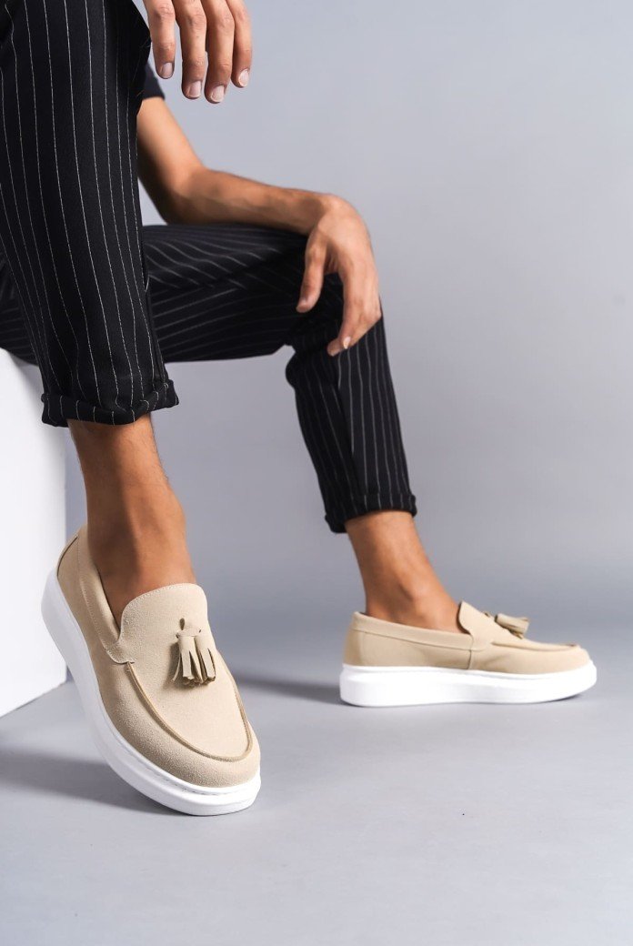 SLW154 Blaze Bağcıksız Püsküllü Süet Erkek Günlük Spor Klasik Ayakkabı SBT - Krem