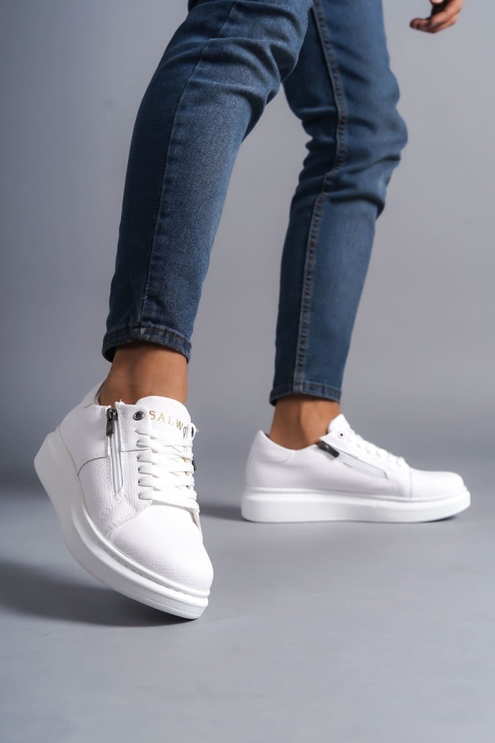 SLW155 Warrior Bağcıklı ve Fermuarlı Cilt Erkek Günlük Sneaker Ayakkabı CBT - Beyaz