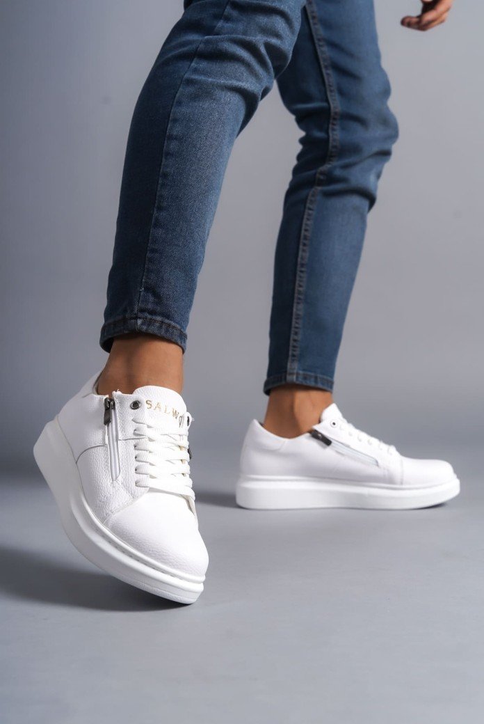 SLW155 Warrior Bağcıklı ve Fermuarlı Cilt Erkek Günlük Sneaker Ayakkabı CBT - Beyaz