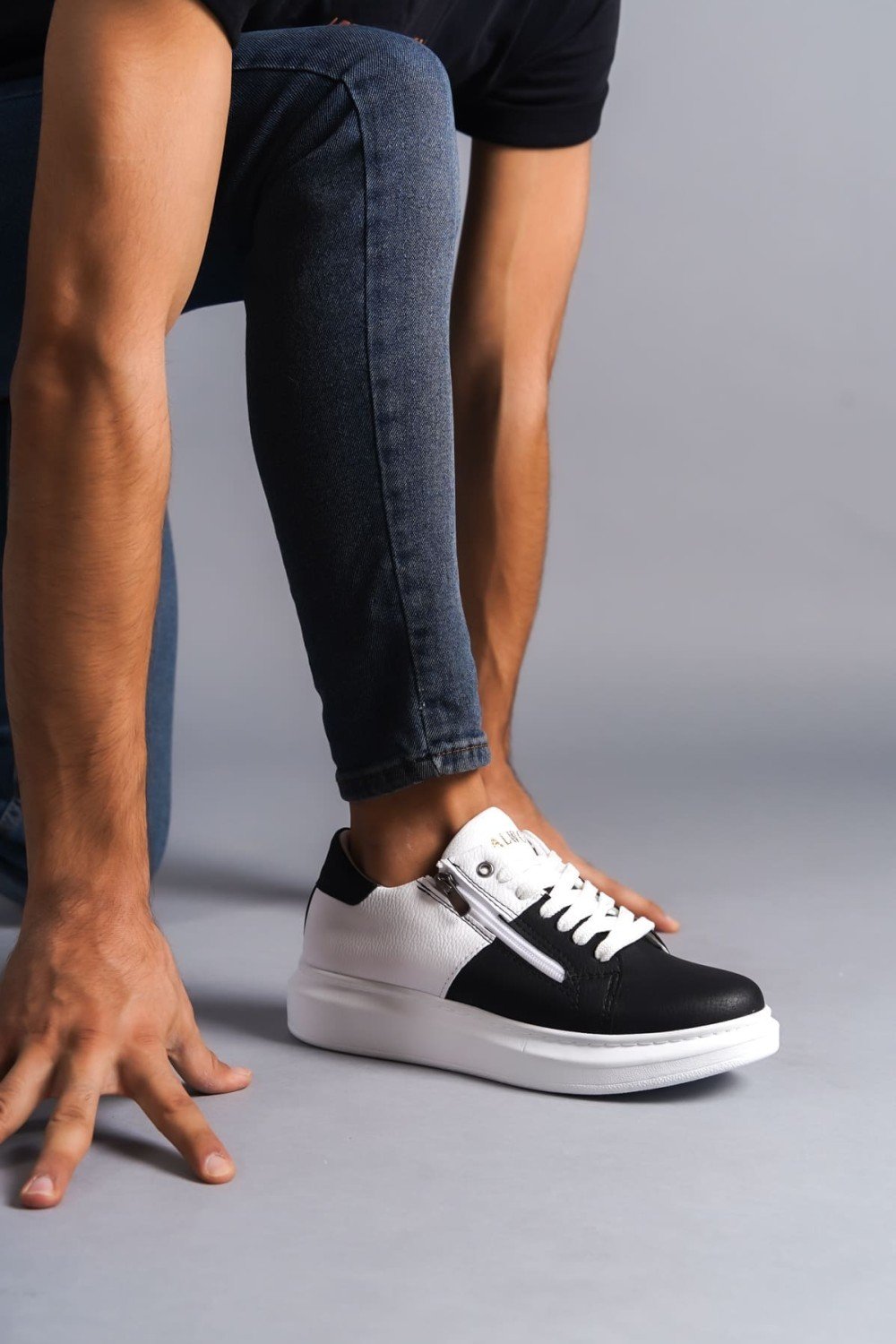 SLW155 Warrior Bağcıklı ve Fermuarlı Cilt Erkek Günlük Sneaker Ayakkabı CBT - Beyaz/Siyah