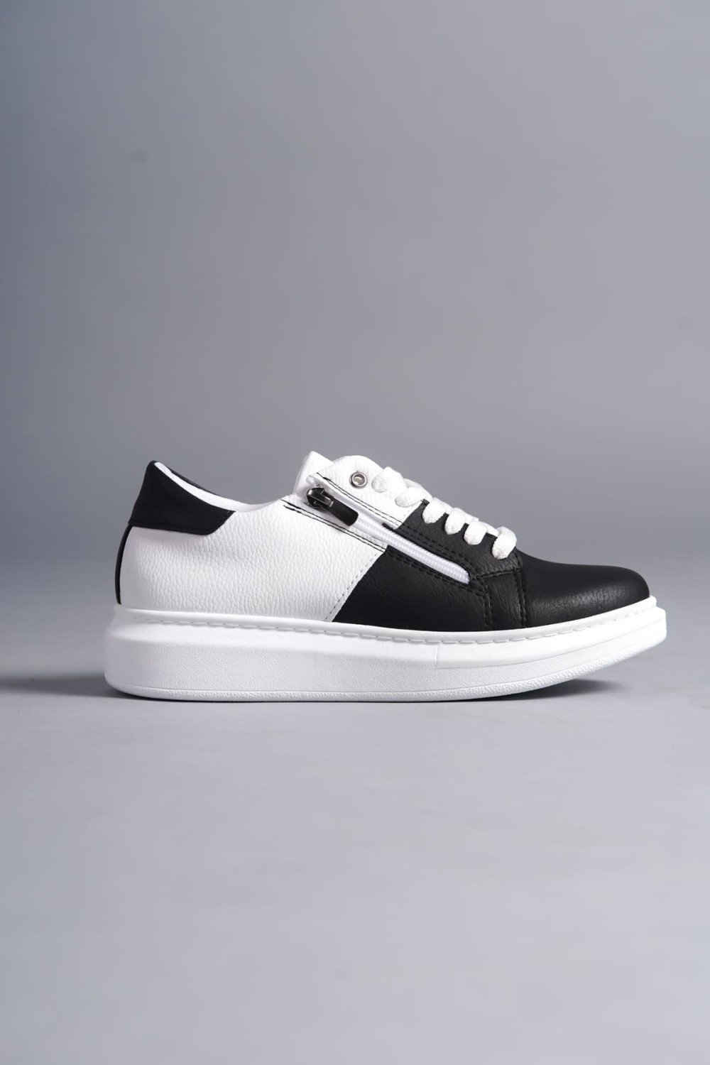 SLW155 Warrior Bağcıklı ve Fermuarlı Cilt Erkek Günlük Sneaker Ayakkabı CBT - Beyaz/Siyah