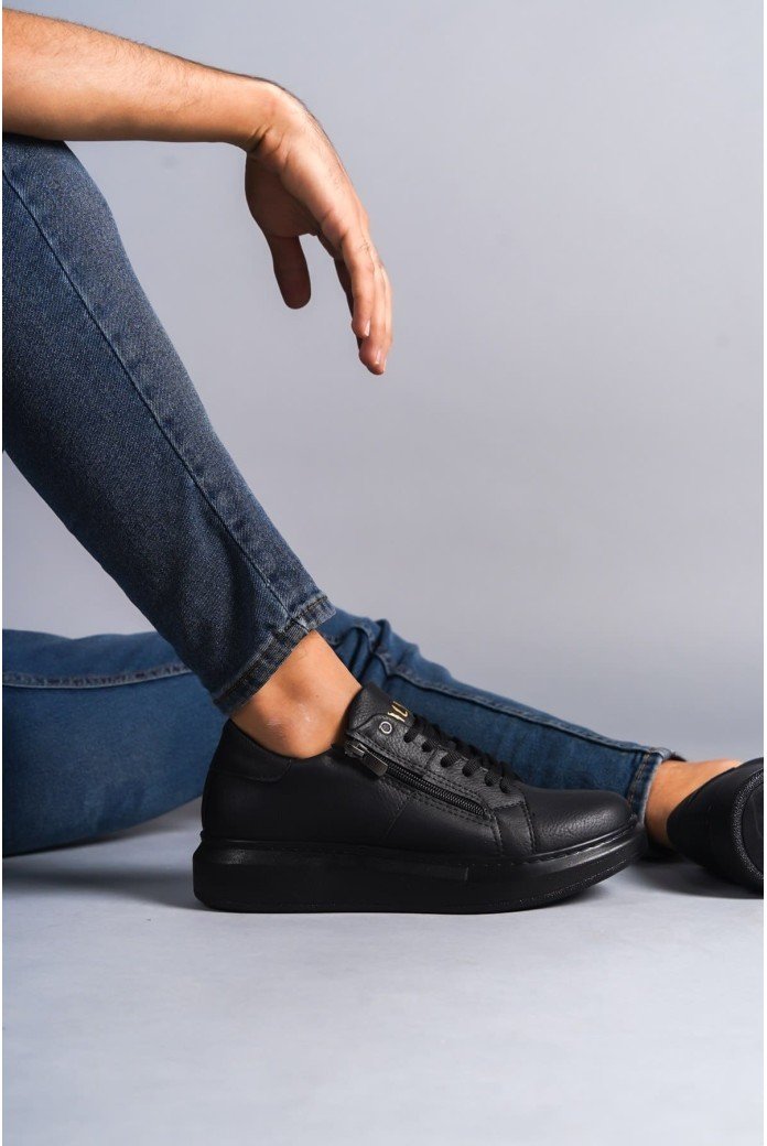 SLW155 Warrior Bağcıklı ve Fermuarlı Cilt Erkek Günlük Sneaker Ayakkabı CST - Siyah