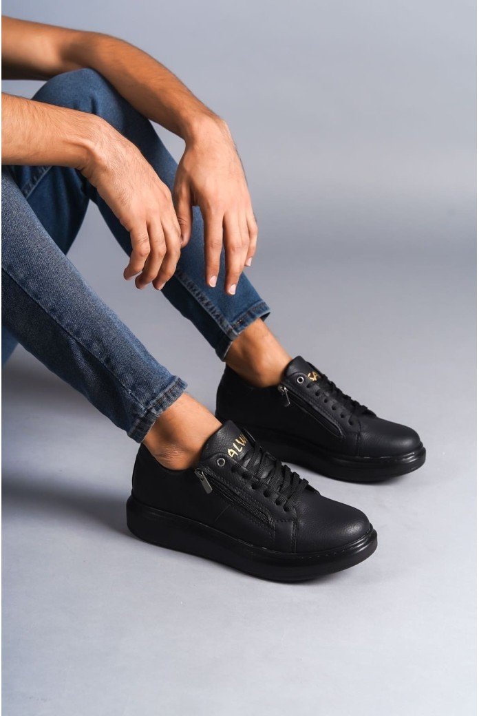 SLW155 Warrior Bağcıklı ve Fermuarlı Cilt Erkek Günlük Sneaker Ayakkabı CST - Siyah