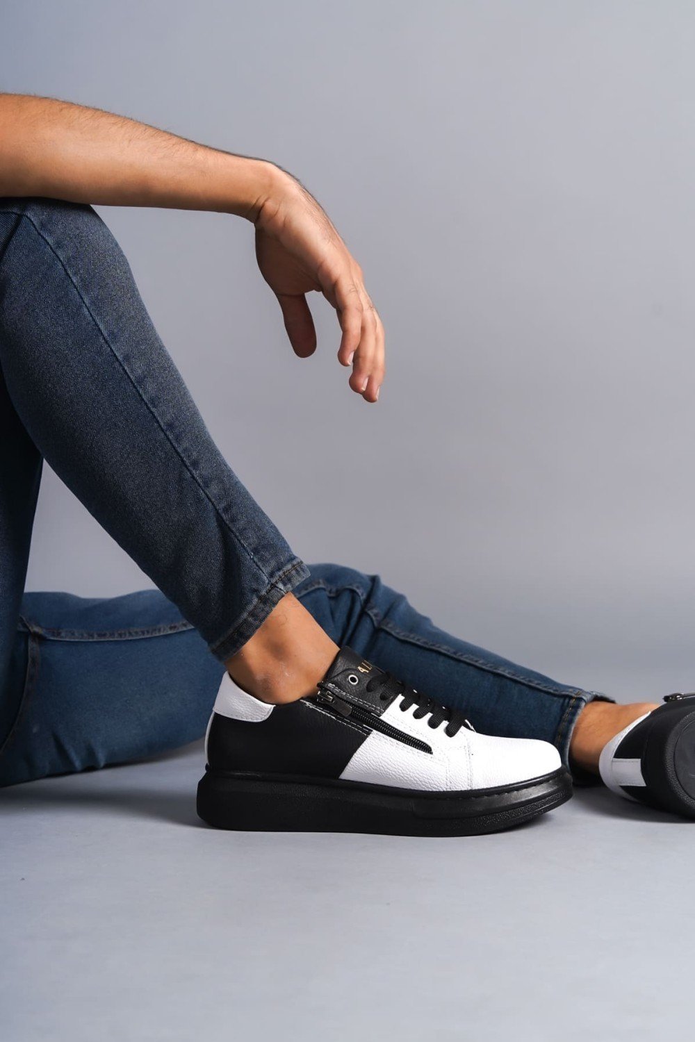 SLW155 Warrior Bağcıklı ve Fermuarlı Cilt Erkek Günlük Sneaker Ayakkabı CST - Siyah/Beyaz