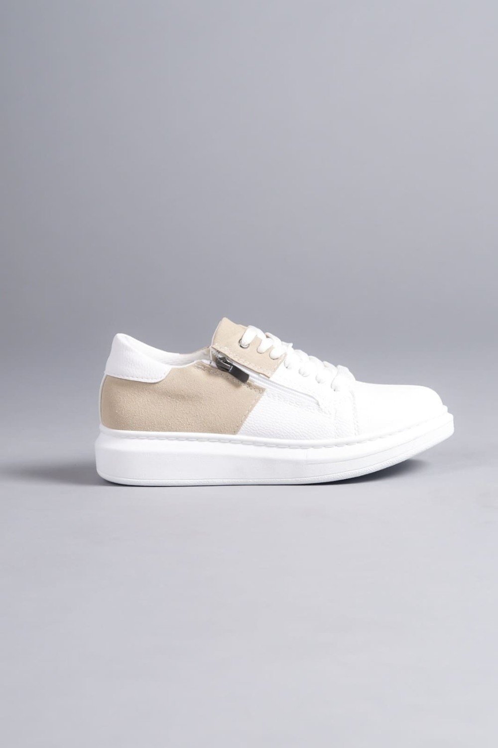 SLW155 Warrior Bağcıklı ve Fermuarlı Cilt Süet Erkek Günlük Sneaker Ayakkabı CSBT - Beyaz/Krem