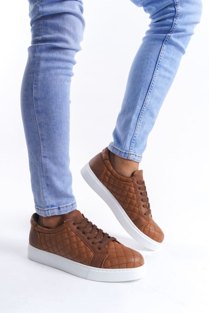 SLW166 Prestige Bağcıklı Cilt Kapitone Desenli Erkek Günlük Sneaker Ayakkabı CBT - Taba