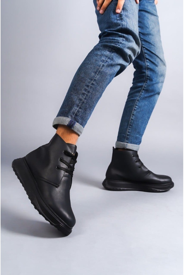 SLW204 Franca Bağcıklı Cilt Erkek Spor Bot ST - Siyah