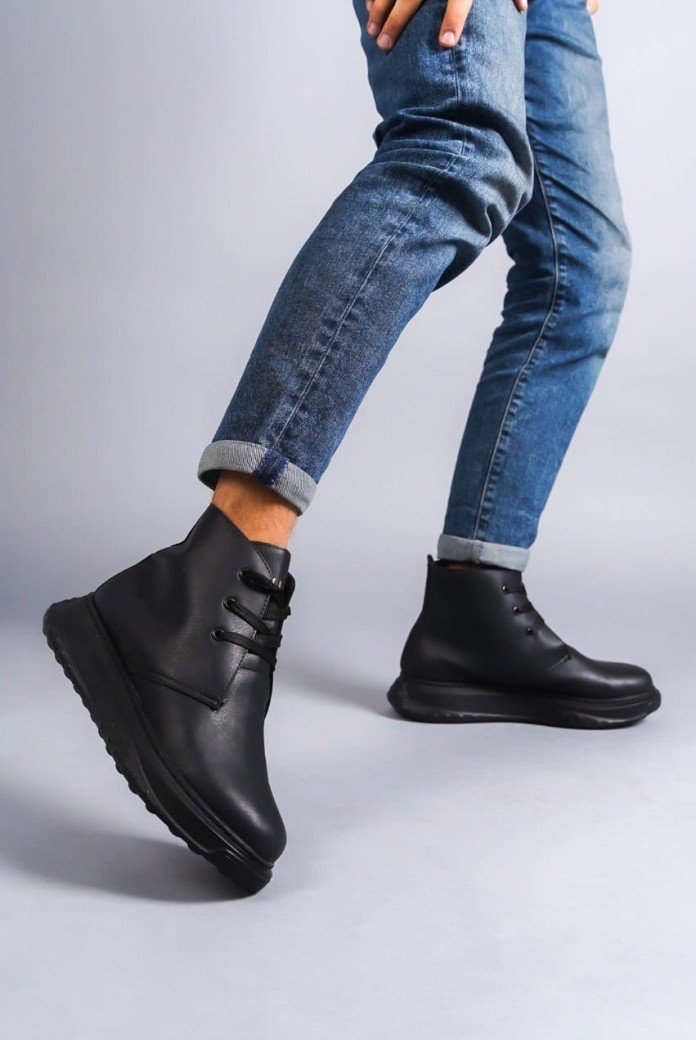 SLW204 Franca Bağcıklı Cilt Erkek Spor Bot ST - Siyah