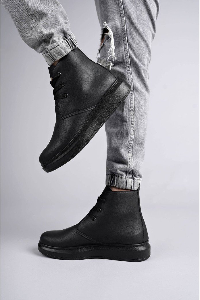 SLW207 Oslo Bağcıklı Cilt Erkek Günlük Spor Bot ST - Siyah