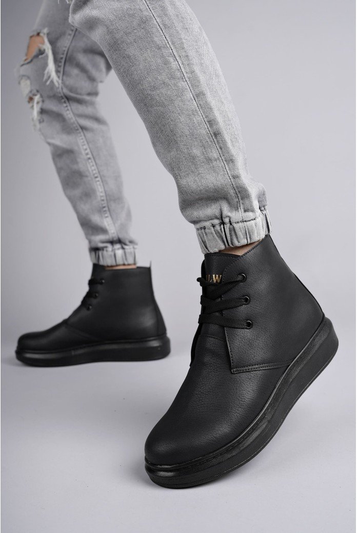 SLW207 Oslo Bağcıklı Cilt Erkek Günlük Spor Bot ST - Siyah