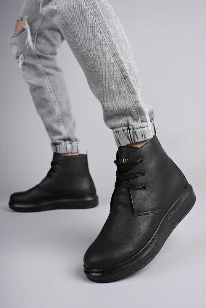 SLW207 Oslo Bağcıklı Cilt Erkek Günlük Spor Bot ST - Siyah